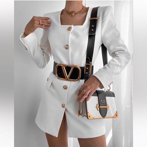 NWT ELEGANT WOMEN LONG BELTED BLAZER  color Ecru Size XS - Picture 1 of 16